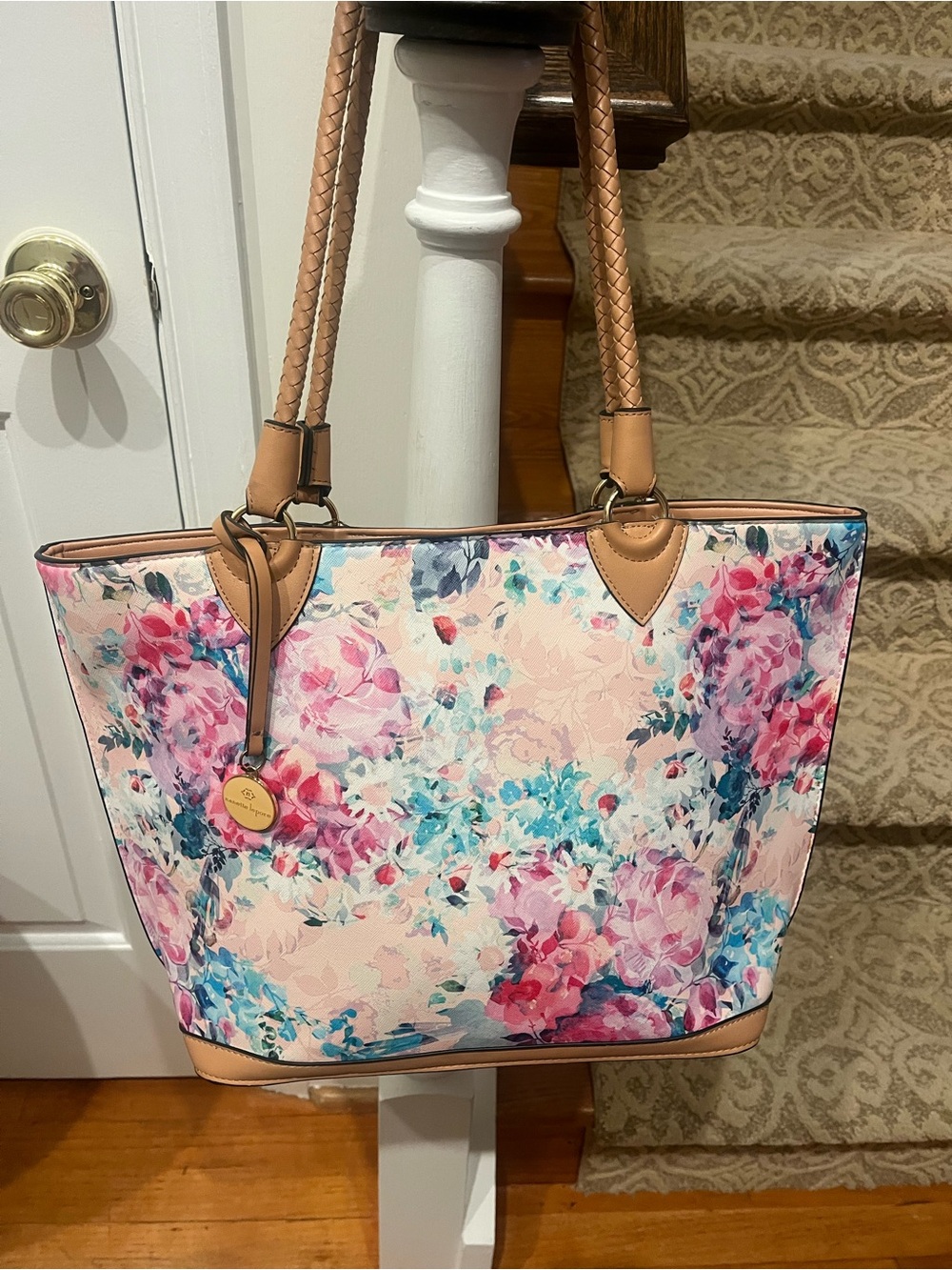 Nanette Lepore Pink Floral Tote with Tan Trim